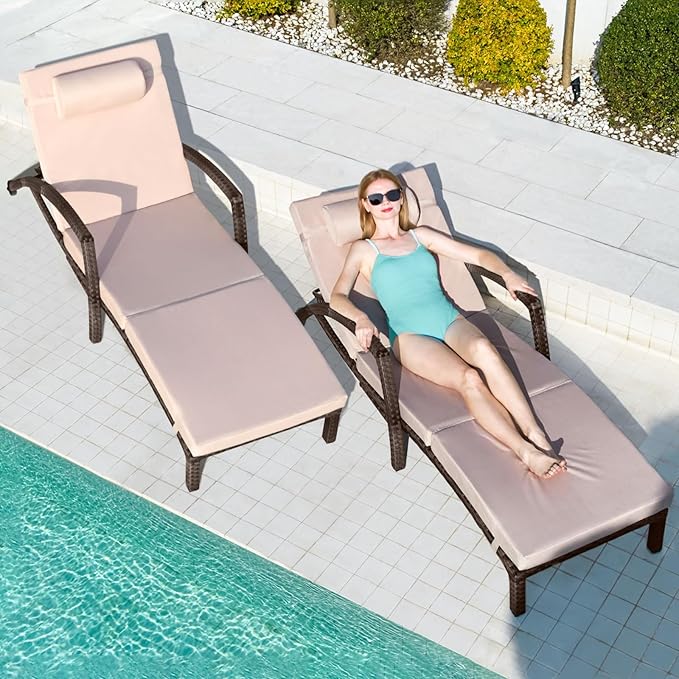 Chaise Lounge Chairs Outdoor Set of 4, Comfy Outside Wicker Patio Pool Lounge Chair w/ 5 Adjustable Back Angle - Photo 2