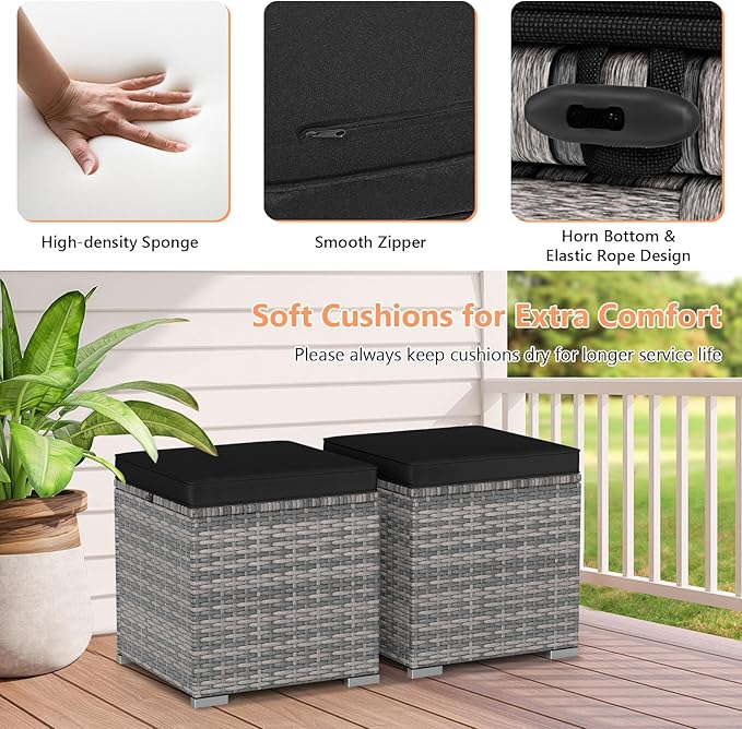 Tangkula 2 Pieces Patio Ottomans, Patiojoy Hand-Woven PE Rattan Side Table with Removable Cushion & Hidden Storage Space - Photo 4