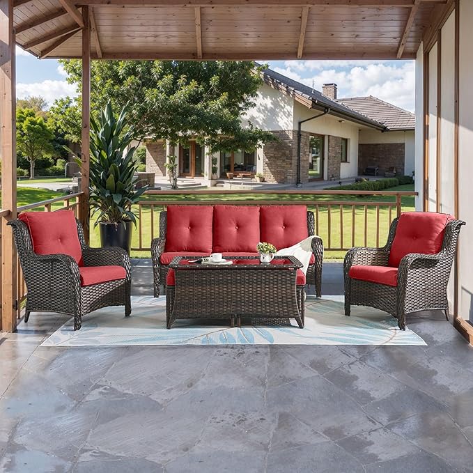 HUMMUH Outdoor Furniture 6 Pieces Patio Furniture Set Wicker Outdoor Sectional Sofa with 2 Patio Chairs,Ottomans,Coffee Table(Brown/Red)