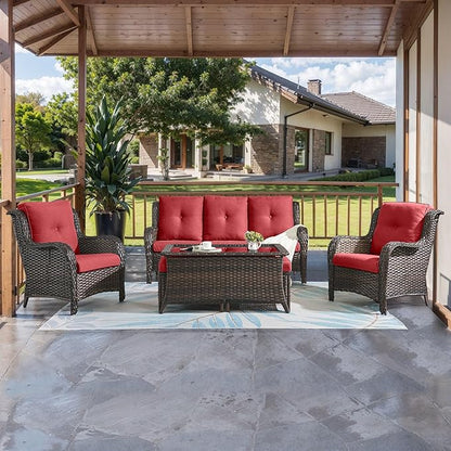HUMMUH Outdoor Furniture 6 Pieces Patio Furniture Set Wicker Outdoor Sectional Sofa with 2 Patio Chairs,Ottomans,Coffee Table(Brown/Red)