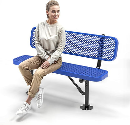 Heavy-Duty Outdoor Metal Bench, Thermoplastic-Coated, Surface, Weatherproof, Commercial-Grade for Parks, Gardens, Patios, Stores & More (4 Ft - Surface with Back, Blue)