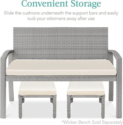 Best Choice Products Set of 2 Wicker Ottomans, Multipurpose Outdoor Furniture for Patio, Backyard, Additional Seating, Footrest, Side Table w/Removable Cushions, Steel Frame - Gray/Cream