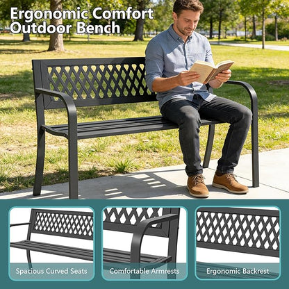 Outdoor Garden Bench, Weatherproof Metal Park Bench for Garden Lawn Porch Park Backyard, Sturdy Steel Patio Bench with Ergonomic Backrest for Front Porch Entryway Outside Seating, Black