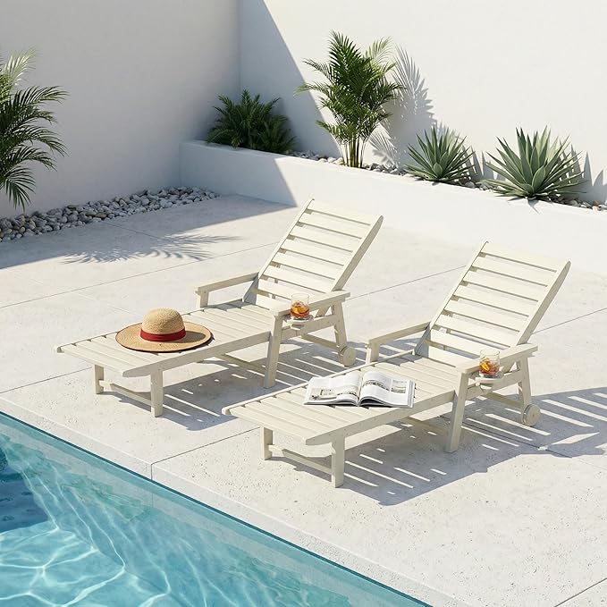 5-Position Adjustable Lounge Chair Outdoor Set of 2, HDPE Outdoor Chaise Lounge with Cup Holder & Wheels, Pool Lounge Chairs for Poolside, Beach, Deck, White