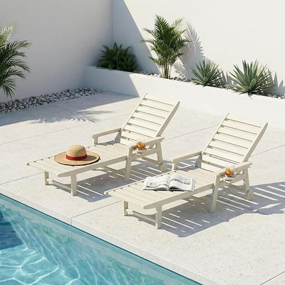 5-Position Adjustable Lounge Chair Outdoor Set of 2, HDPE Outdoor Chaise Lounge with Cup Holder & Wheels, Pool Lounge Chairs for Poolside, Beach, Deck, White