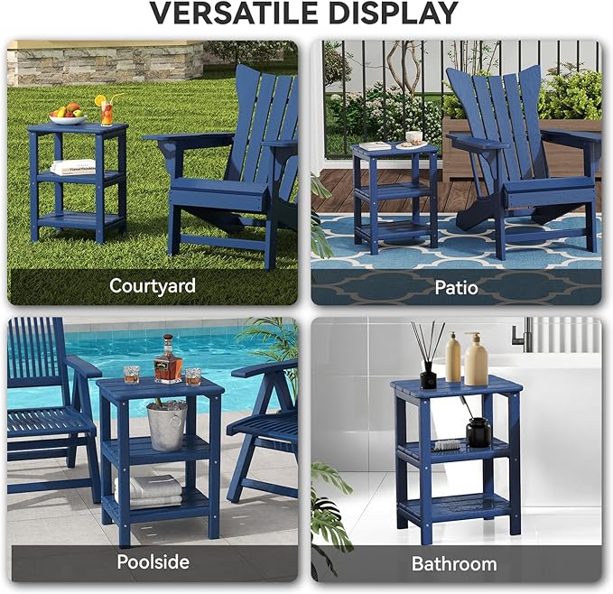 3 Tier Outdoor Side Table Adirondack Side Table HDPE End Table Patio Side Table Rectangle Tables for Outdoor Backyard Garden Balcony (Retro, Blue)