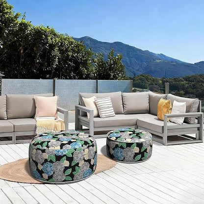 LVTXIII Outdoor Inflatable Ottoman, Fade-Resistant Round Footrest Stool D31”x H14”, Portable Patio Pouf for Garden Camping or Home Use, Peony Garden