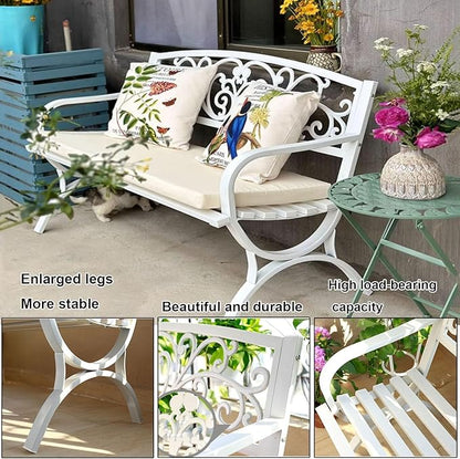 Outdoor Bench Weatherproof Metal Garden Bench with Slatted Patio Bench with Floral Pattern Backrest, Arch Legs for Porch, Patio, Garden, Lawn, Balcony(White)