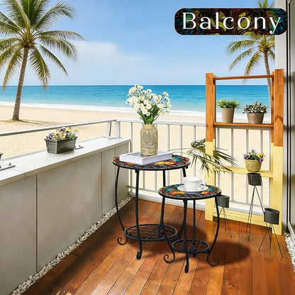 2 Pcs Outdoor Side Table Small Patio Round Mosaic Accent End Table Indoor Plant Metal Coffee Tea Tables for Patio Yard Porch Garden Living Room(12" and 16",Tree of Life)