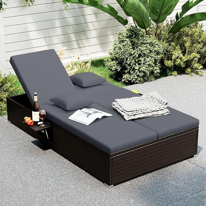 RELAX4LIFE Rattan Outdoor Patio Daybed - Wicker Double Chaise Lounge Chair w/6-Position Backrest, Folding Side Trays - Photo 9