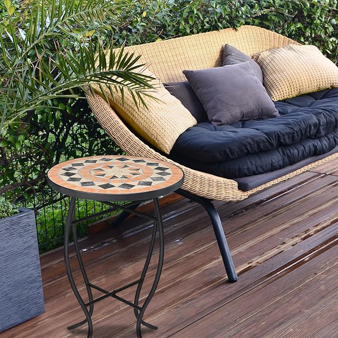VCUTEKA Mosaic Outdoor Side Table - Small Patio Table Coffee Outside Accent Tables Round End Plant Tables for Bistro Balcony Porch Outdoor Benches 14'' Brown
