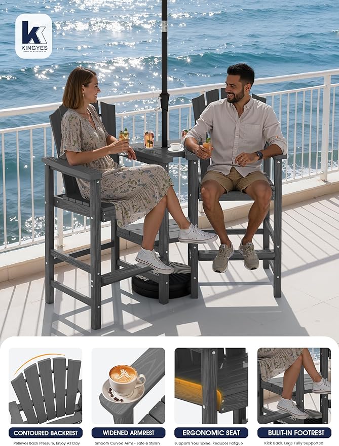KINGYES Tall Adirondack Chair Set of 2 with 9FT Umbrella, All-Weather HDPE Outdoor Adirondack Barstools with Removable Double Connecting Trays, High Airondack Chair with Wood Grain, Gray