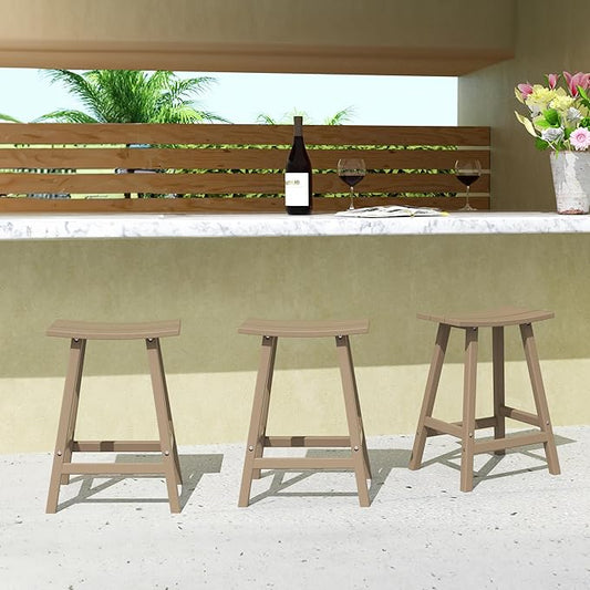 Costaelm All-Weather Bar Stools Set of 3, 24" Height Outdoor Bar Stools, Adirondack Poly Patio Bar Stool for Patio, Deck, Kitchen Counter and Garden, Weathered Wood