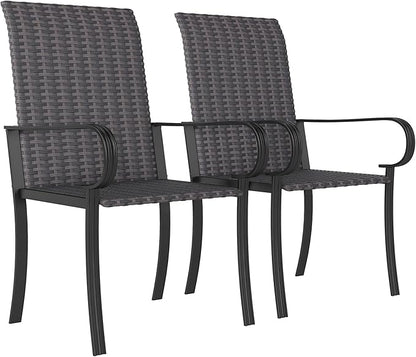 Outsunny Set of 2 Outdoor Wicker Dining Chairs, All-Weather Rattan Armchairs with Armrests, Steel Frame, High Back and Deep Seating, for Garden, Patio, Deck, Yard, Poolside, Brown