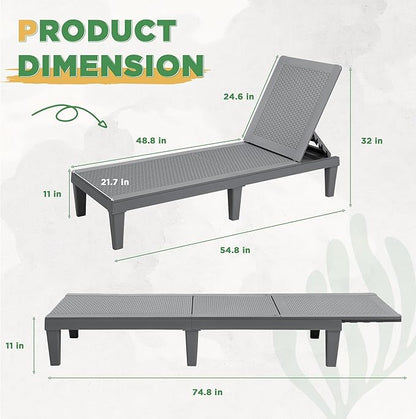 Greesum Outdoor Chaise Lounge Chairs Set of 2 with 5-Position Adjustable Backrest, Waterproof PP Sun Chaise Loungers for Garden Pool Beach Patio Deck Sunbathing, Grey