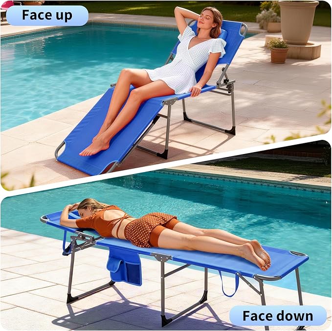 Tanning Chair with Face Hole Folding Beach Lounge Chair,5-Position Adjustable Backrest, Pillow & Side Pocket,Portable Face Down Chaise Lounge for Outdoor Backyard Poolside,Beach, Patio,Blue
