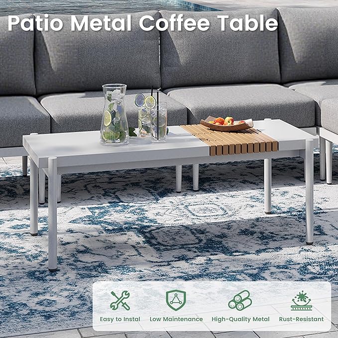 Sundale Outdoor Modern Metal Outdoor Coffee Table with Slatted Wood-Look Tabletop Design - Photo 5