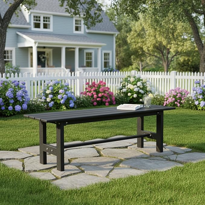 Tangkula 47 Inch HDPE Outdoor Bench Backless Set of 2, Patio Dining Bench with Slatted Seat & Heavy-Duty Metal Frame, 660 LBS Capacity, Weatherproof Outside Bench for Garden, Yard & Porch, Black