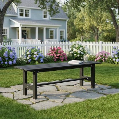 Tangkula 47 Inch HDPE Outdoor Bench Backless, Patio Garden Dining Bench with Slatted Seat & Heavy-duty Metal Frame, 660 LBS Capacity, Weatherproof Outside Bench for Park, Yard, Entryway & Porch, Black