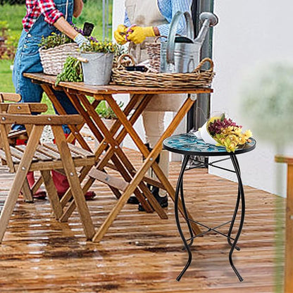MUMTOP Side Patio Tables-Mosaic Outdoor Side Table - 14’’ Blue and Transparency Leaf Glass Accent Round EndTable, Plant Stand Indoor Small CoffeeTable for Garden or Living Room Decor