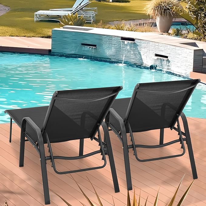 MoNiBloom Outdoor Black Lounge Chairs Set of 2, 5 Levels Adjustable Backrest Pool Lounge Chairs Breathable All Weather Metal Frame Sunbathing Recliner for Patio, Beach, Yard, Pool, 350 Lbs Capacity