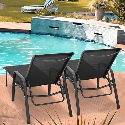 MoNiBloom Outdoor Black Lounge Chairs Set of 2, 5 Levels Adjustable Backrest Pool Lounge Chairs Breathable All Weather Metal Frame Sunbathing Recliner for Patio, Beach, Yard, Pool, 350 Lbs Capacity