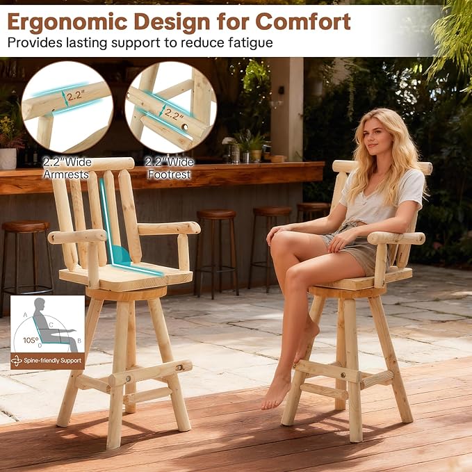 HOMEDIARY Solid Wood Swivel Adirondack Bar Chairs Set of 2 - Photo 7