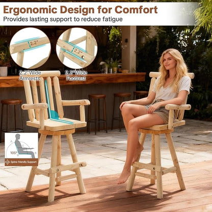HOMEDIARY Outdoor Solid Wood Swivel Bar Stool, Oversized Patio Log Bar Height Chair with High Back, Heavy Duty 29.8" Tall Adirondack Chair with Armrest & Footrest, 500 LBS Capacity, Natural