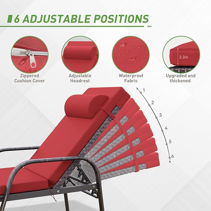 Kurapika Patio Chaise Lounge Set 3 Pieces Outdoor Lounge Chair, Rattan Reclining Chair Adjustable Backrest - Photo 3