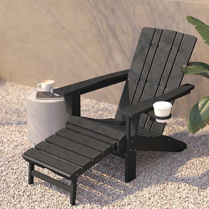 Flash Furniture Halifax Poly Resin Adirondack Chair with Cup Holder and Pull Out Ottoman, All-Weather Poly Resin Indoor/Outdoor Lounge Chair, Gray, Set of 1