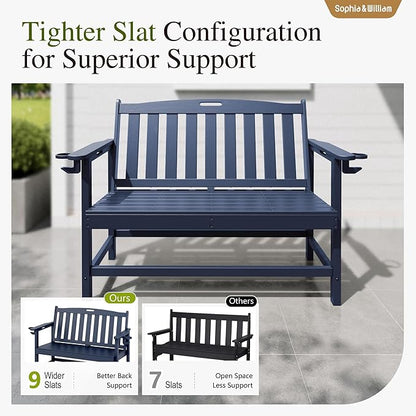 Sophia & William HDPE Outdoor Bench Weatherproof, 2-Person Garden Bench with Cup Holders, 700 lbs Capacity, Patio Benches for Porch, Garden, Backyard and Park, Navy