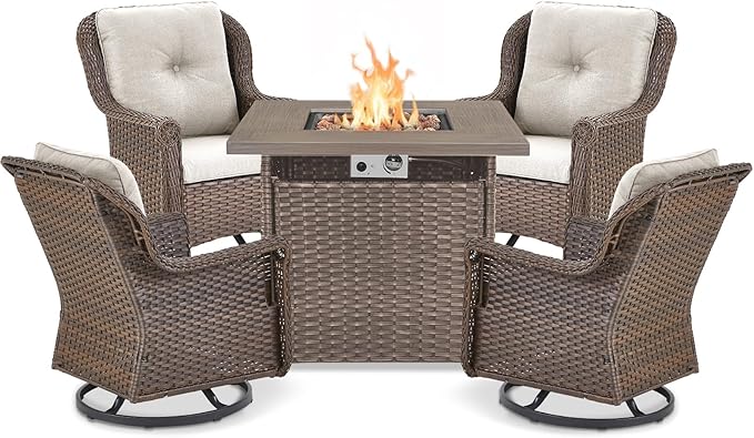 Outdoor Patio Swivel Gliders with Fire Pit Table 5 Piece Set - High Back Brown Wicker Rattan Rocking Chair with Thick - Photo 1