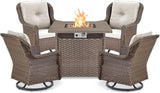 Outdoor Patio Swivel Gliders with Fire Pit Table 5 Piece Set - High Back Brown Wicker Rattan Rocking Chair with Thick - Photo 1