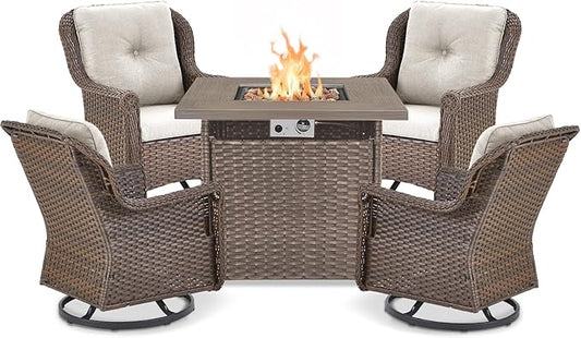 Outdoor Patio Swivel Gliders with Fire Pit Table 5 Piece Set - High Back Brown Wicker Rattan Rocking Chair with Thick Cushion for Porch Apartment Deck Yard Poolside Garden - Beige