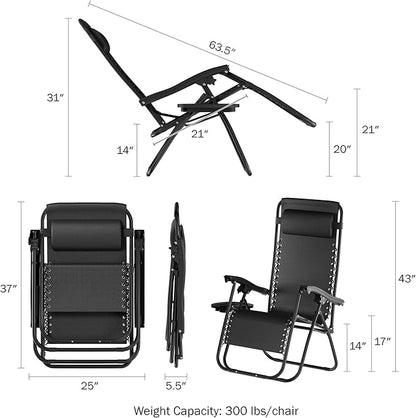 Lavish Home Set of 2 Zero-Gravity Chairs - Folding Patio Furniture - Outdoor Recliners with Side Table, Cup/Phone Holder, and Chair Pillow (Black)