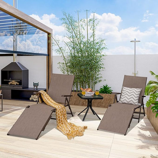 Tangkula Folding Lounge Chair Outdoor, Recliner Chaise Lounge with 5-Position Adjustable Backrest & 2-Position Footrest, No Assembly Required, Suitable for Patio Poolside Beach Yard (2, Brown)