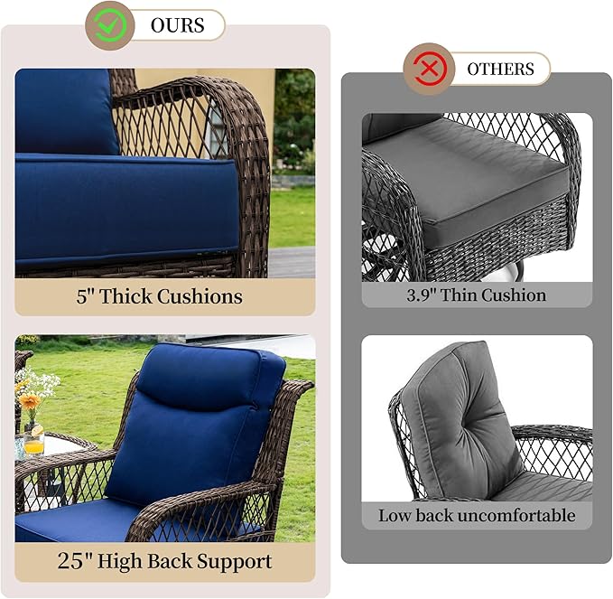 PIZZELLO Outdoor Swivel Rocker Chairs 6 Pieces Wicker Swivel Patio Chair with Rattan Side Table, 5" Extra Thick Cushions and 25" Full Support Back, Patio Furniture Set for Outside Porch Deck