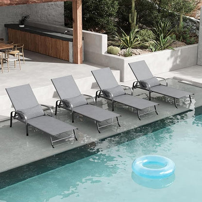 Outdoor Chaise Lounge Chair Adjustable Pool Lounge Chairs with Lumbar Pillow Outside Tanning Chairs for Beach Deck Backyard Lawn (Grey, 4 pcs)