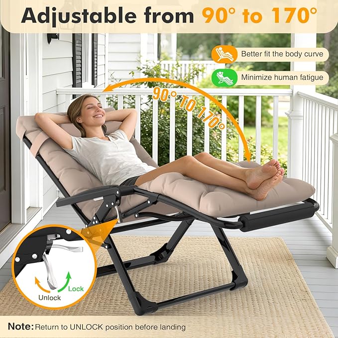 Slendor Oversized Zero Gravity Chairs XXL, Padded Zero Gravity Lounge Chair, Lawn Recliner, Folding Patio Reclining Chair w/Aluminum Alloy Lock, Headrest, Cup Holder, Support 500lbs, Khaki