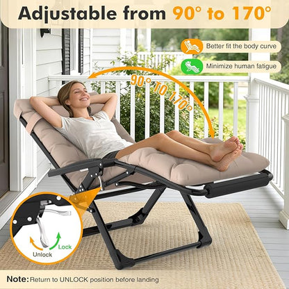 Slendor Oversized Zero Gravity Chairs XXL, Padded Zero Gravity Lounge Chair, Lawn Recliner, Folding Patio Reclining Chair w/Aluminum Alloy Lock, Headrest, Cup Holder, Support 500lbs, Khaki