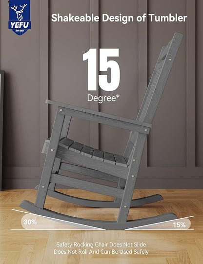 YEFU Outdoor Rocking Chair, Patio Rocking Chair with High Back, Poly Rocking Chair Look Like Real Wood, Widely Used for Lawn, Porch, Backyard, Indoor and Garden,380lb Heavy Duty(Grey)
