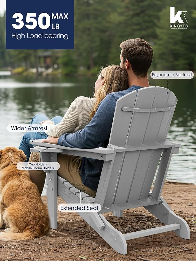 KINGYES Folding Adirondack Chair Set of 2, Dual Cup Holders & All-Weather HDPE, Wood-Like Patio Chair for Backyard, Camping, Pool & Fire Pit, Silver Grey