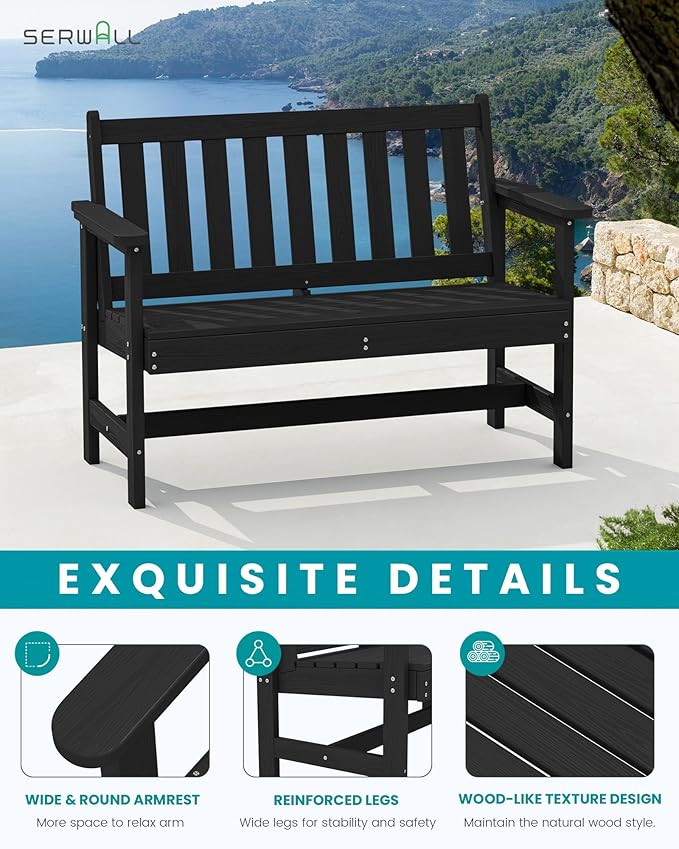 SERWALL Outdoor Bench, HDPE Outdoor Benches Weatherproof, 2-Person Garden Bench with 660 lbs Weight Capacity - Photo 4
