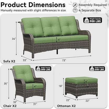 6 Piece Outdoor Wicker Patio Furniture Set, Patio Chairs Set with Thickened Olefin Cushions, High Back and Deep Seating, Hand-Woven PE Rattan, Ottoman for Porch, Deck