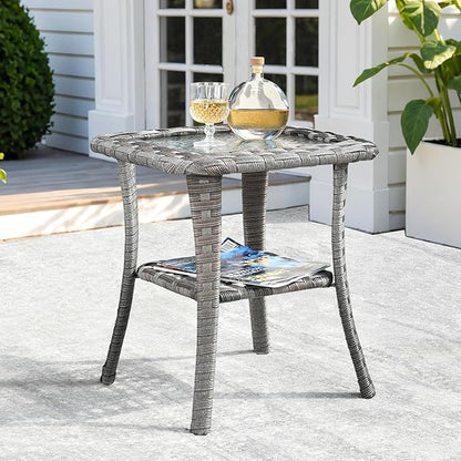 ovios Outdoor Side Table with Tempered Glass Top, Patio Wicker Rattan 2-Tier Storage Coffee End Tables for Porch Deck Balcony Garden Poolside (Light Grey-Small Size)
