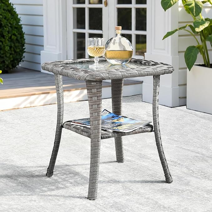 ovios Outdoor Side Table with Tempered Glass Top, Patio Wicker Rattan Bistro Coffee Tables with 2 Tiers Storage for Porch Deck Balcony Garden Poolside, Light Grey