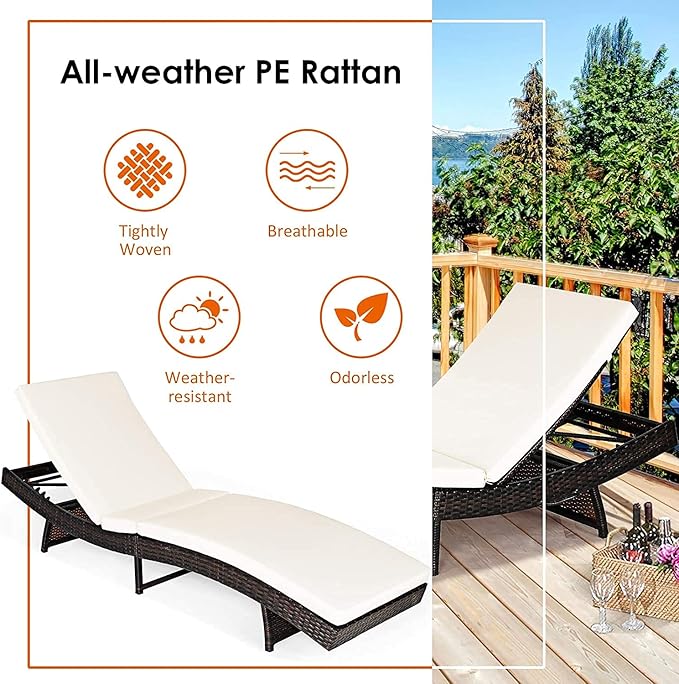 BETTARY Outdoor Folding Chaise Lounge, Rattan Patio Lounge Chair w/Removable Soft Cushion, 5 Adjustable Levels, Reclining Wicker Sunbed for Garden/Poolside/Balcony (1, White)