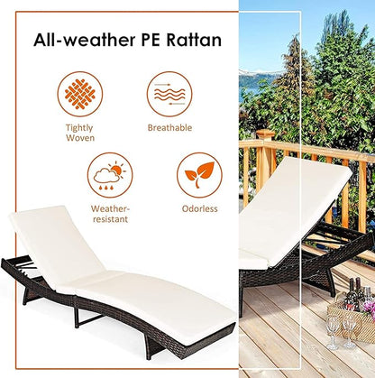 BETTARY Outdoor Folding Chaise Lounge, Rattan Patio Lounge Chair w/Removable Soft Cushion, 5 Adjustable Levels, Reclining Wicker Sunbed for Garden/Poolside/Balcony (1, White)