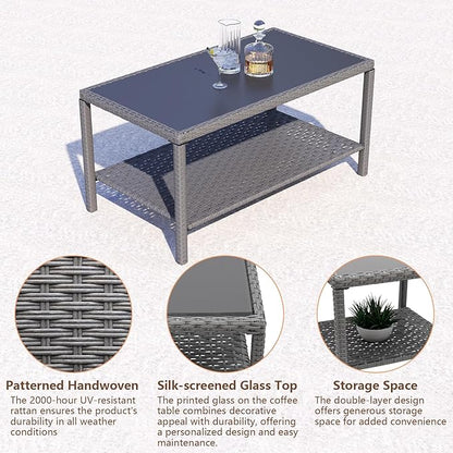 C-Hopetree Small Outdoor Coffee Side End Table for Outside Patio Storage, Gray All Weather Wicker with Glass Top, Rectangle