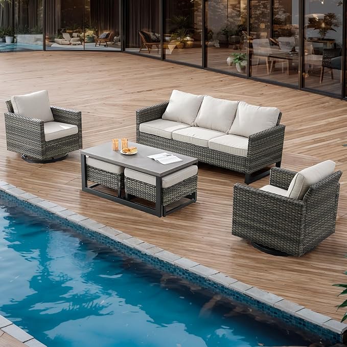 Wicker Outdoor Patio Furniture Set - 6 Piece Patio Conversation Set with 2 Swivel Rocker Chairs,2 Rattan Ottoman,1 Couch and 1 Metal Coffee Table for Outside Porch Deck Backyard(Mixed Grey/Beige)
